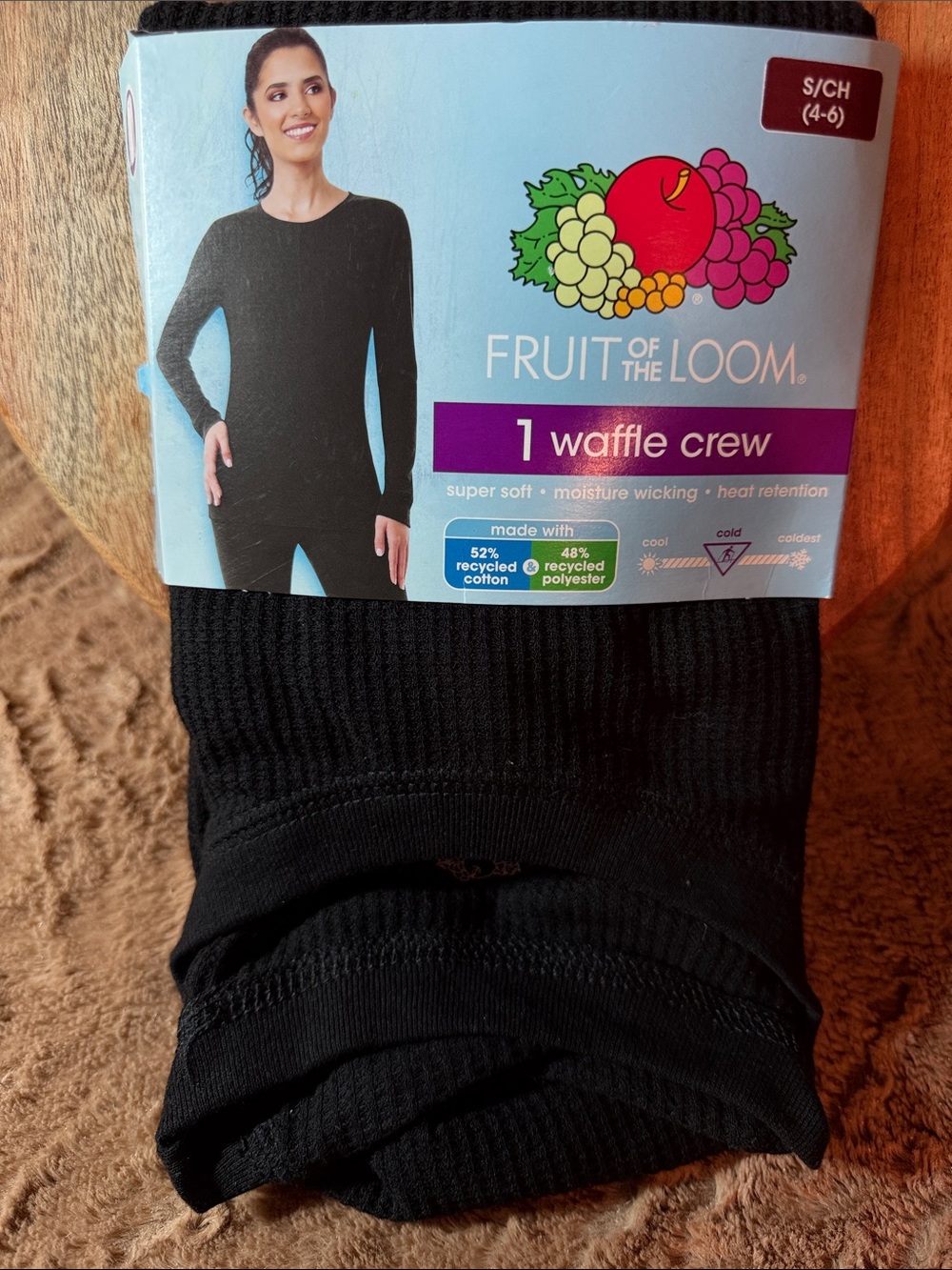 Fruit of the Loom Black Waffle Crewneck Thermal -Size Small